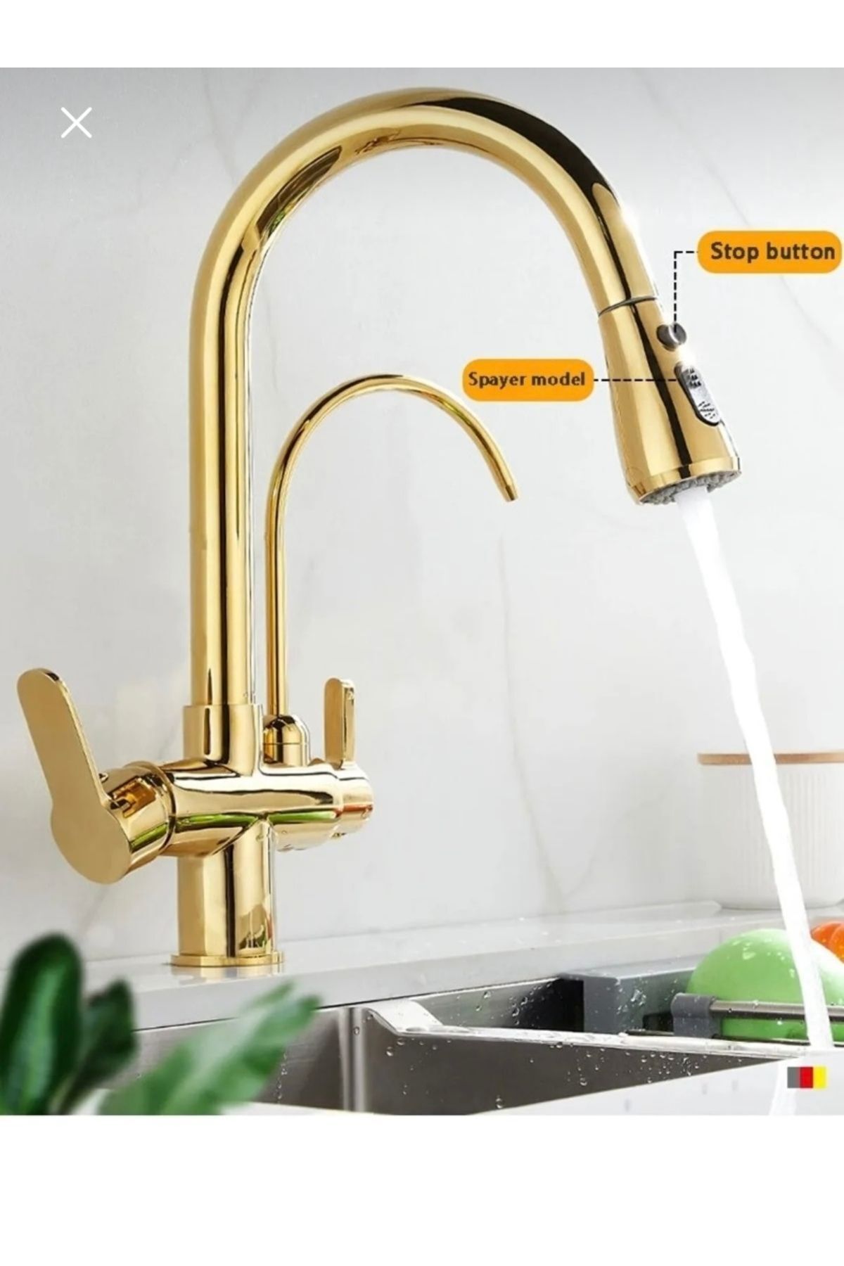 Gold Spiralli Mutfak Bataryası Spiralli Arıtıcılı Evye Armatür Tazzik ve Spreyleme Mod