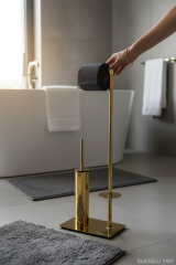 Gold Tuvalet Kağıtlık Gold Klozet Fırçası Pirinç Materyal Yedek Kağıtlıklı Kolay Temizlik Ayaklı Set