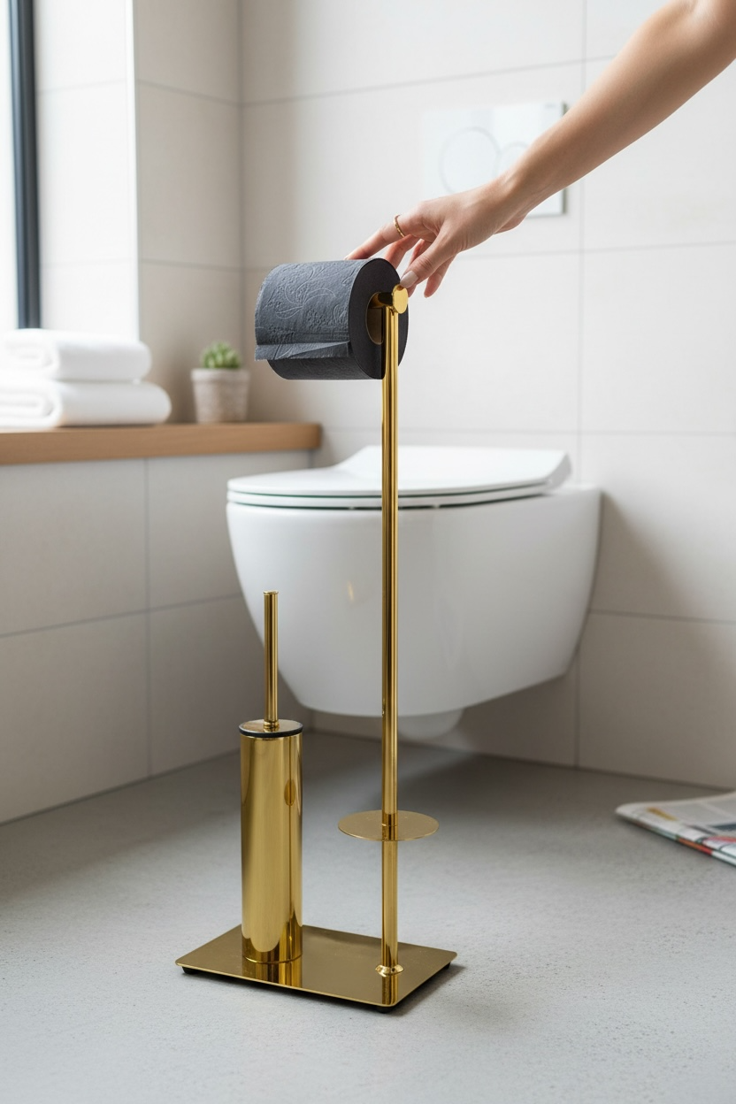 Gold Tuvalet Kağıtlık Gold Klozet Fırçası Pirinç Materyal Yedek Kağıtlıklı Kolay Temizlik Ayaklı Set