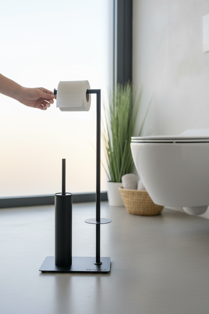 Mat Siyah Tuvalet Kağıtlık Mat Siyah Klozet Fırçası Yedekli Modern Tasarım Ayaklı Set Kolay Temizlik