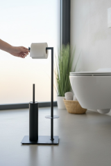 Mat Siyah Tuvalet Kağıtlık Mat Siyah Klozet Fırçası Yedekli Modern Tasarım Ayaklı Set Kolay Temizlik