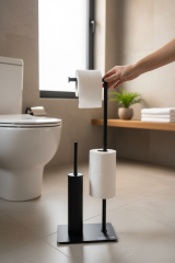 Mat Siyah Tuvalet Kağıtlık Mat Siyah Klozet Fırçası Yedekli Modern Tasarım Ayaklı Set Kolay Temizlik