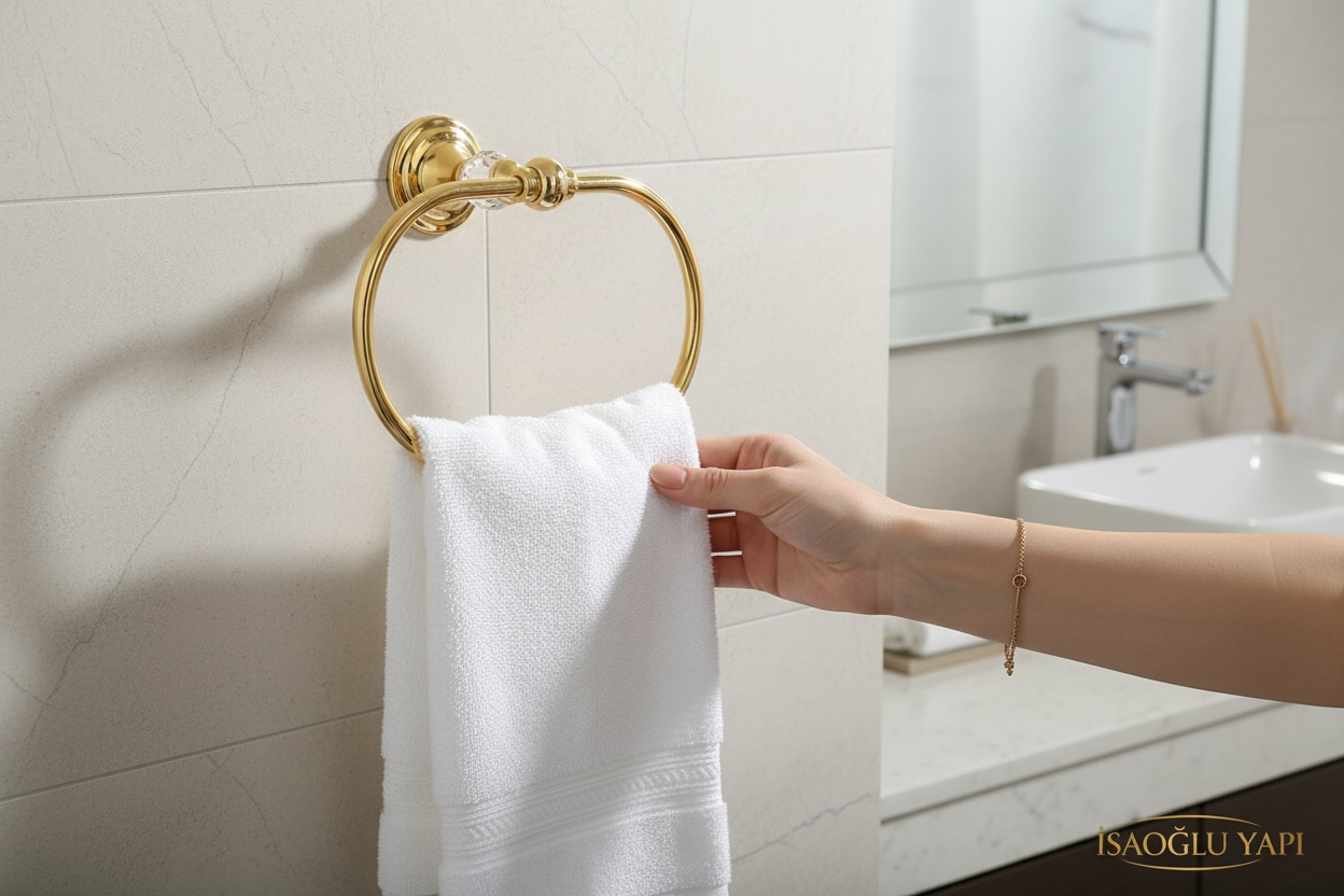 Gold Banyo Havluluk Kristalli Özel Tasarım Oval Havluluk Çamlıca Serisi Pirinç Malzeme