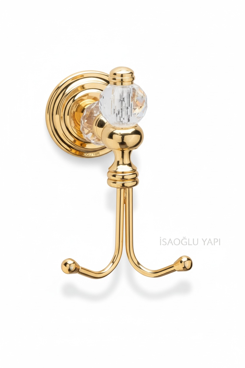 Gold Bornozluk Kristalli Özel Tasarım İkili Askılık Çamlıca Serisi Paslanmaz Banyo Havluluk