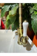Antik Gold Mutfak Bataryası Vintage Evye Musluğu Porsalen Kulp Armatür