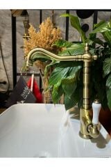 Antik Gold Mutfak Bataryası Vintage Evye Musluğu Porsalen Kulp Armatür