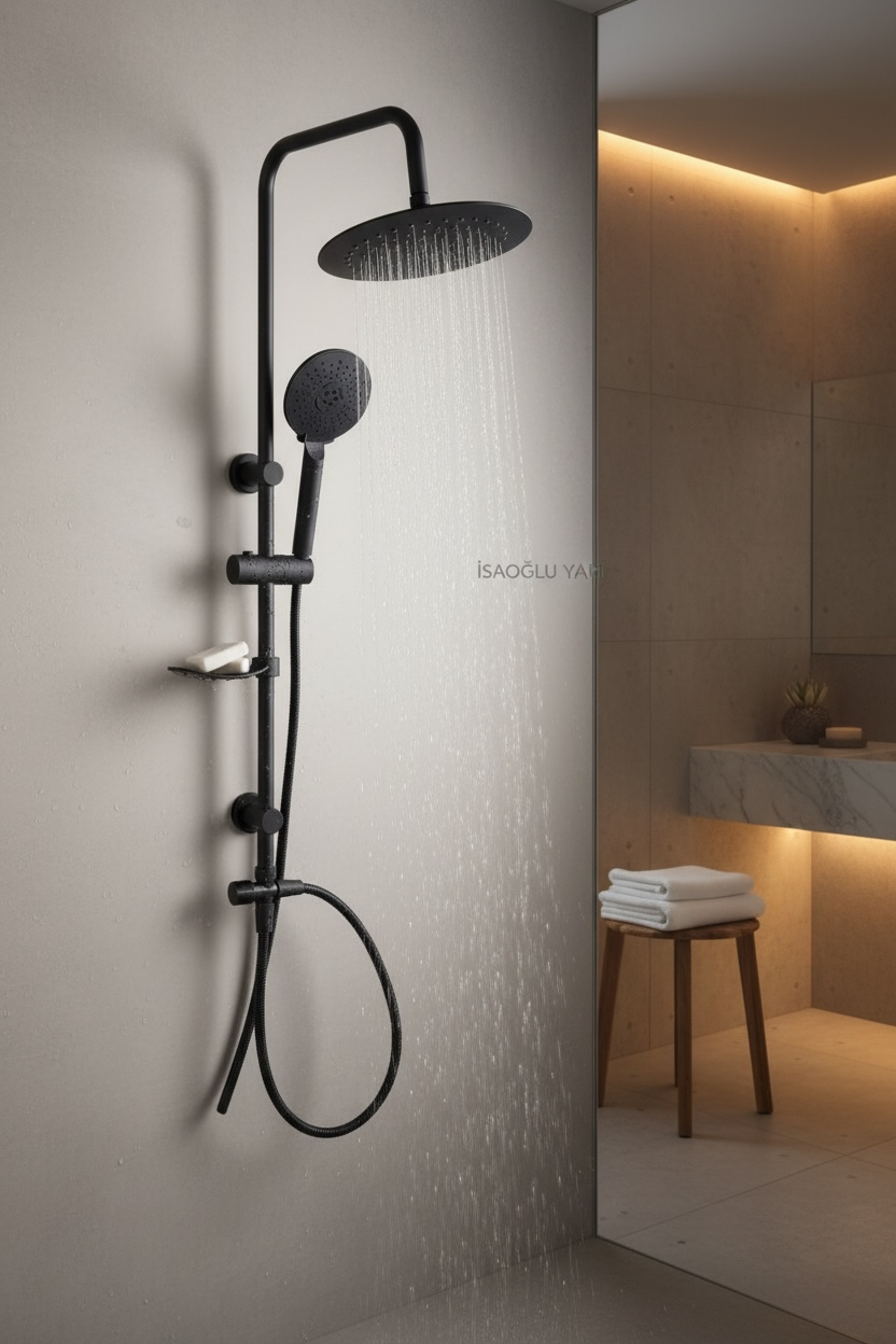 Siyah Dubai Duş Sistemi Mat Siyah Tepe Yağmurlamalı Yoğun Akışlı Oval Tasarım Duş Seti