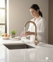 Mat Gold Arıtmalı Mutfak Bataryası Oval Tasarım Fırçalanmış Altın Evye Armatür Arıtmalara Uygun