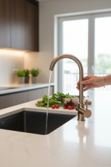 Mat Gold Arıtmalı Mutfak Bataryası Oval Tasarım Fırçalanmış Altın Evye Armatür Arıtmalara Uygun