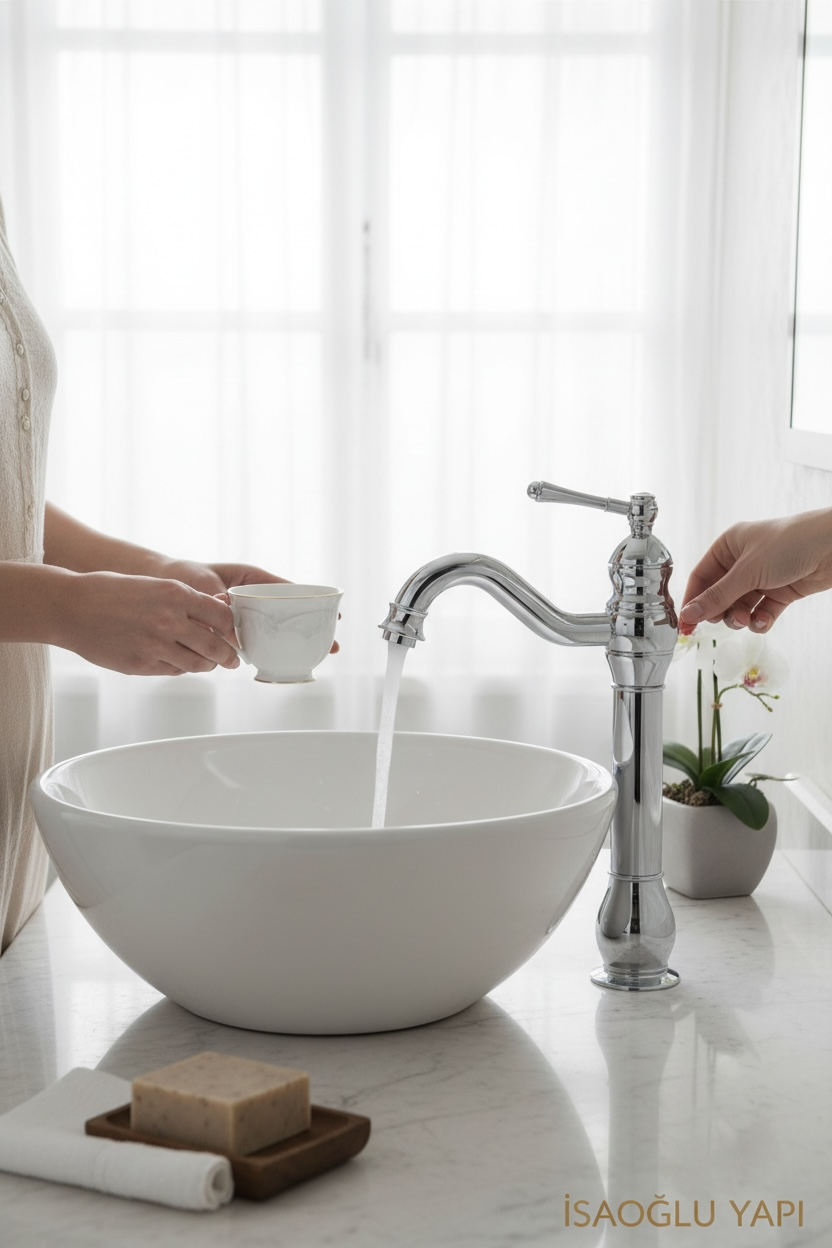 Krom Retro Çanak Lavabo Bataryası Vintage Gümüş Çanak Lavabo Uyumlu Banyo Armatür