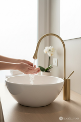 Mat Gold Çanak Lavabo Bataryası Damla Serisi Fırçalanmış Altın Çanak Armatür Pirinç Malzeme