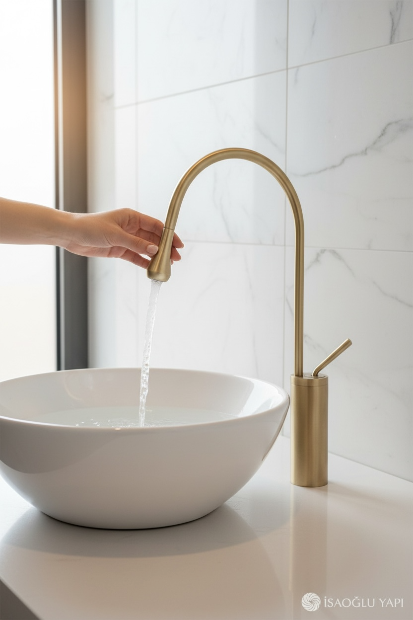Mat Gold Çanak Lavabo Bataryası Damla Serisi Fırçalanmış Altın Çanak Armatür Pirinç Malzeme