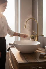 Gold Çanak Lavabo Bataryası Damla Serisi Çanak Lavabo Uyumlu Pirinç Materyal Gold Armatür