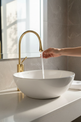 Gold Çanak Lavabo Bataryası Damla Serisi Çanak Lavabo Uyumlu Pirinç Materyal Gold Armatür