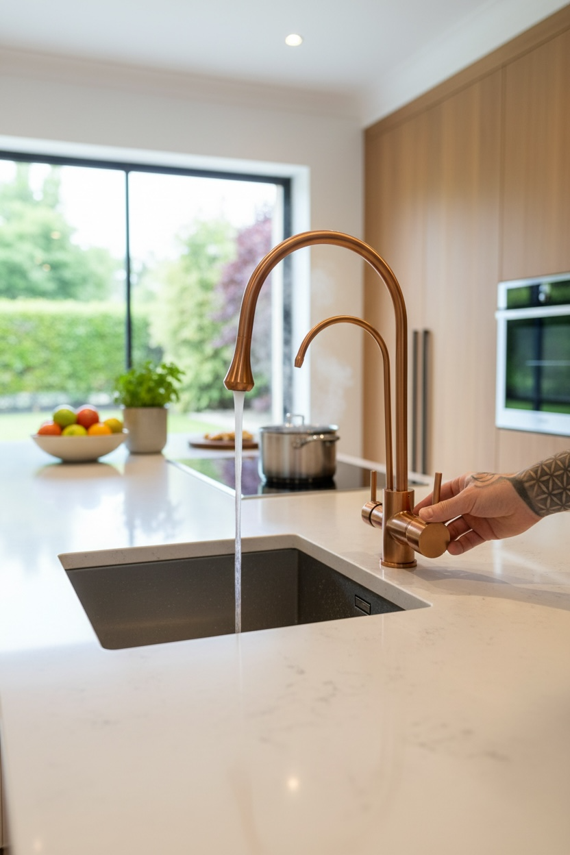 Mat Bakır Arıtmalı Mutfak Bataryası Damla Serisi Arıtma Cihazlarına Uygun Mat Bronz Evye Armatür