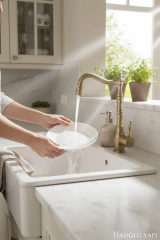 Antik Gold Retro Evye Bataryası Oynar Başlıklı Eskitme Gold Rustik Mutfak Armatürü Hareketli Başlık