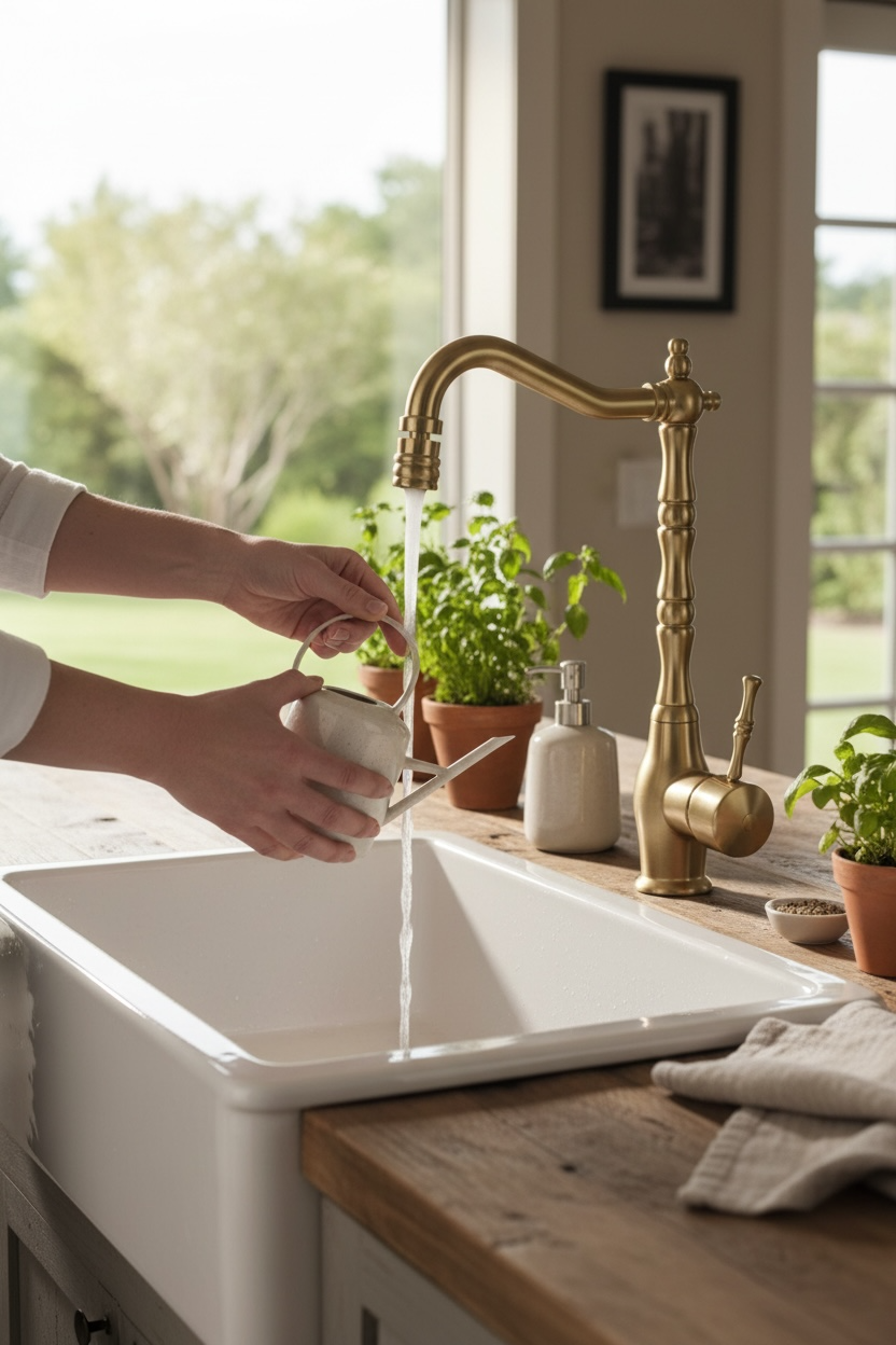 Mat Gold Retro Mutfak Bataryası Oynar Başlıklı Fonksiyonel Fırçalanmış Altın Evye Armatürü