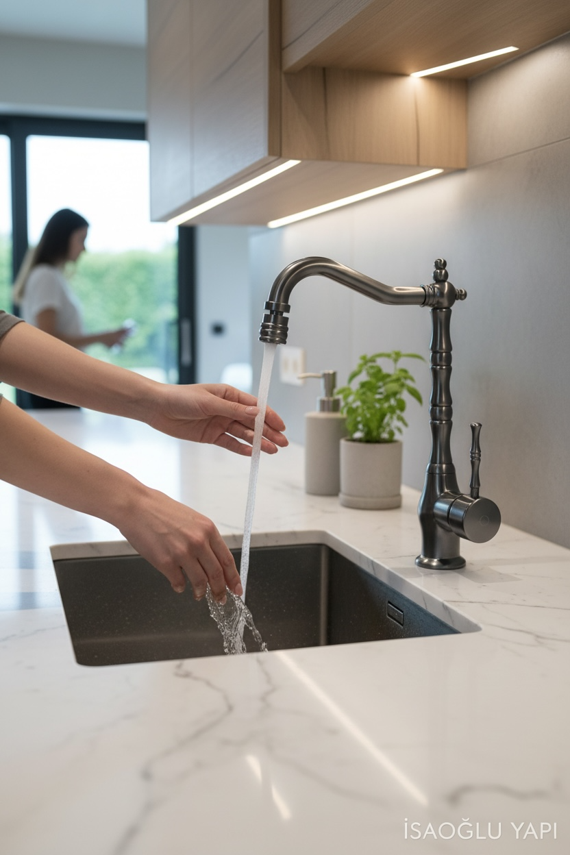 Antrasit Retro Mutfak Bataryası Hareketli Başlık Antrasit Gri Evye Armatürü Antrasit Gri