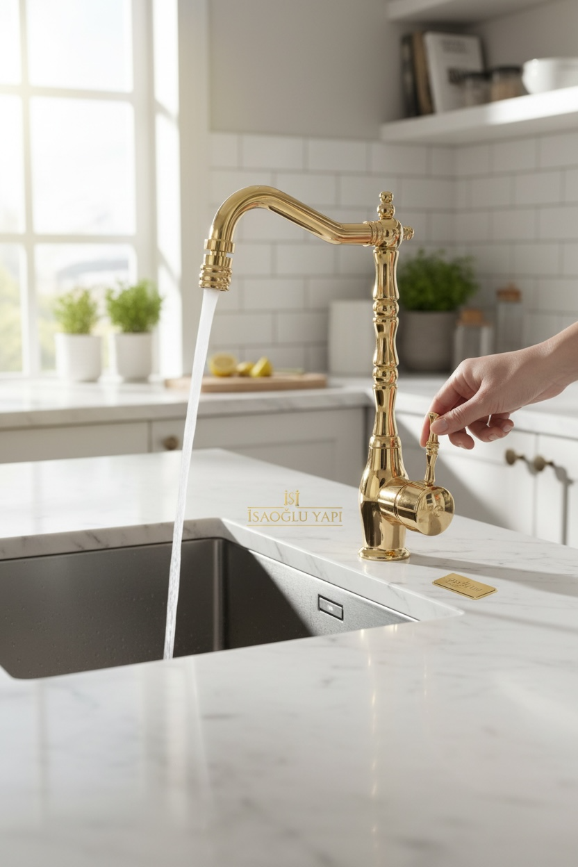 Gold Retro Mutfak Bataryası Oynar Başlıklı Haretekli Rustik Evye Armatürü Gold Renk