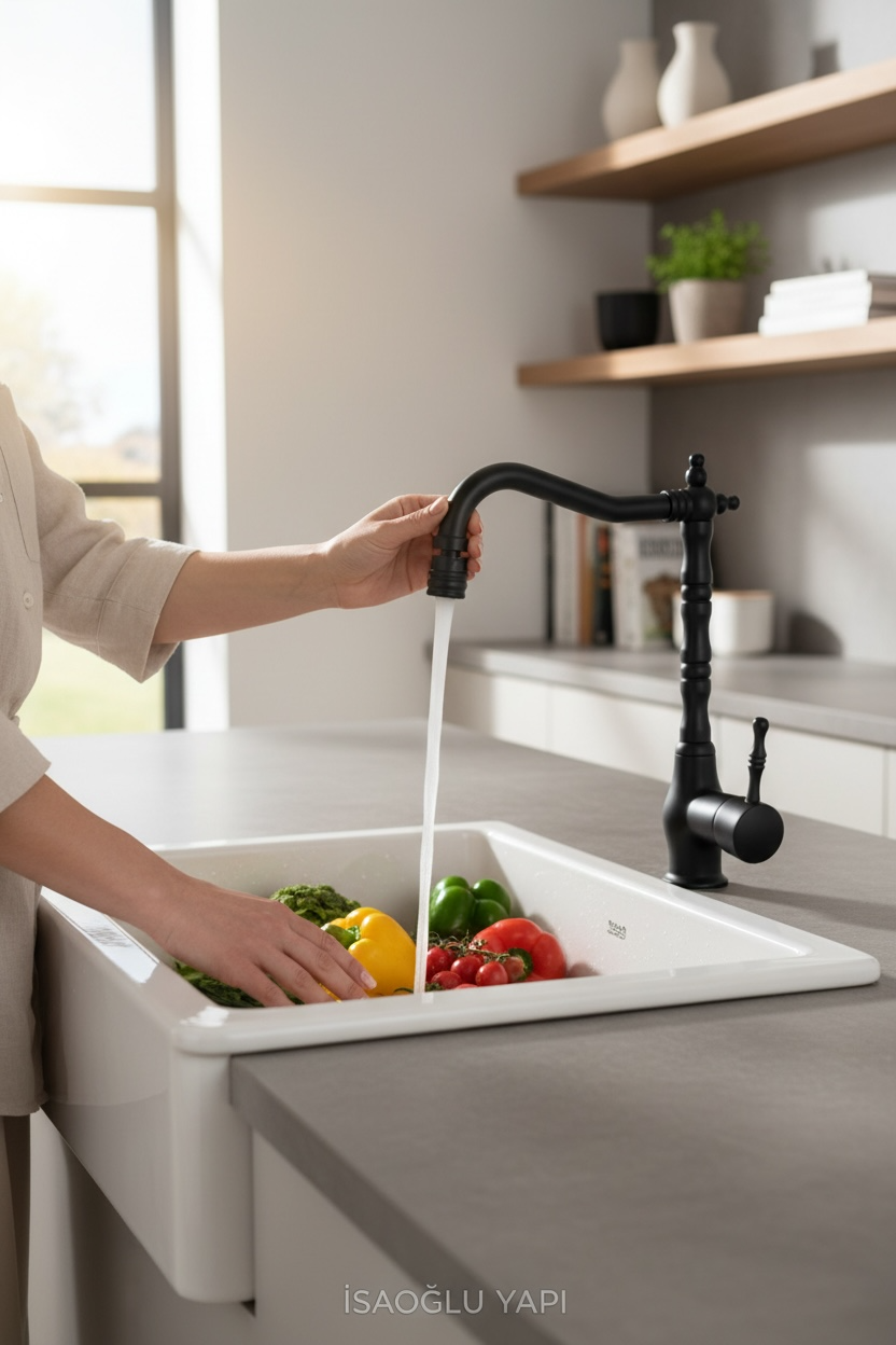 Siyah Retro Mutfak Bataryası Hareketli Oynar Başlıklı Mat Siyah Rustik Evye Armatürü