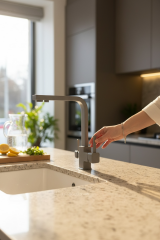 Granit Gri Kare Arıtmalı Mutfak Bataryası Granit Desen Özel Tasarım Arıtıcılı Evye Armatür