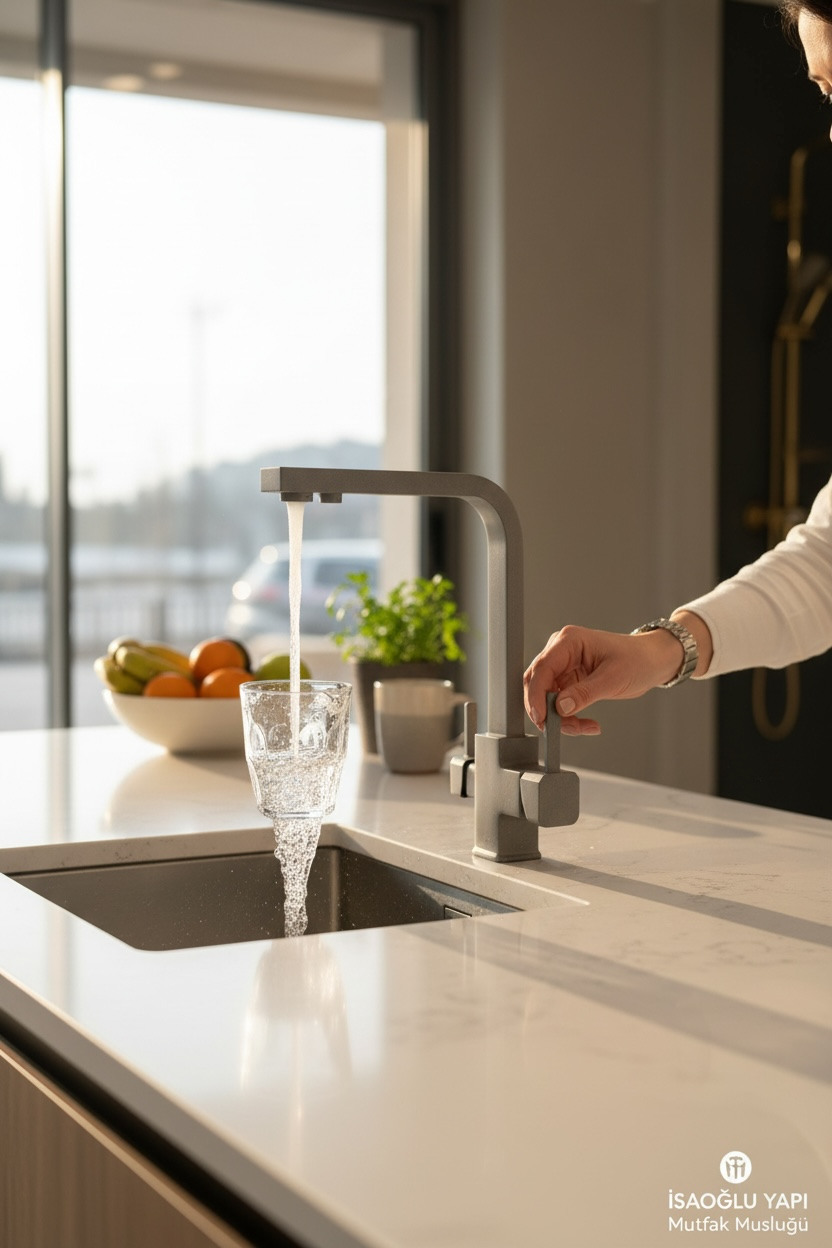 Granit Gri Kare Arıtmalı Mutfak Bataryası Granit Desen Özel Tasarım Arıtıcılı Evye Armatür