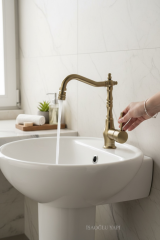 Antik Gold Lavabo Bataryası Oynar Başlıklı Yüksek Model Eskitme Antik Banyo Lavabo Armatür