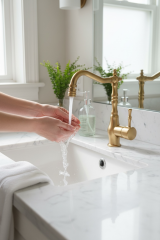 Mat Gold Lavabo Bataryası Oynar Başlıklı Yüksek Model Banyo Lavabo Bataryası Retro Tasarım Mat Altın