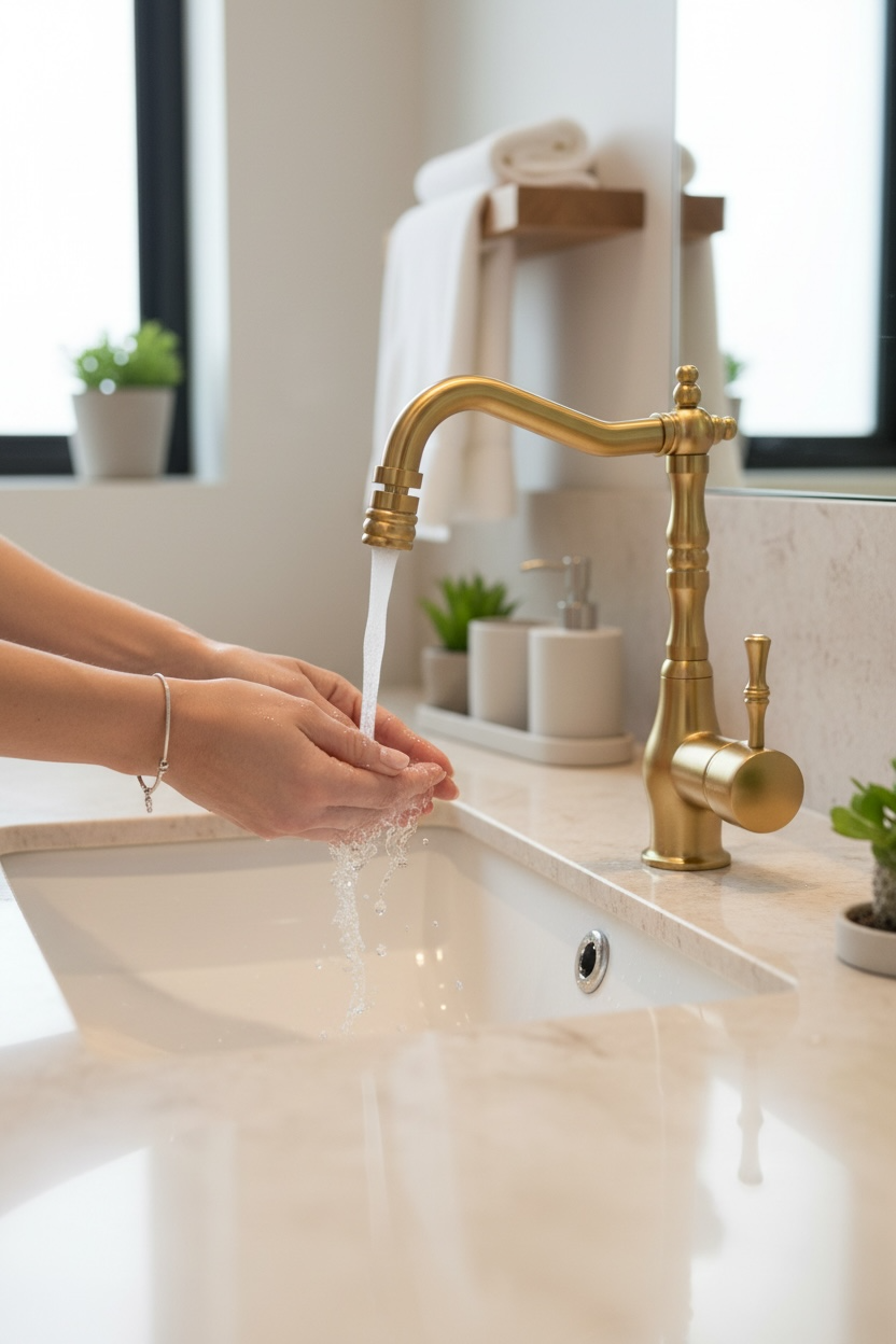 Mat Gold Lavabo Bataryası Oynar Başlıklı Yüksek Model Banyo Lavabo Bataryası Retro Tasarım Mat Altın