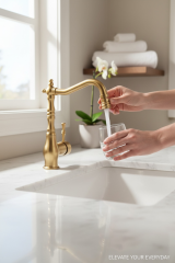 Mat Gold Lavabo Bataryası Oynar Başlıklı Yüksek Model Banyo Lavabo Bataryası Retro Tasarım Mat Altın