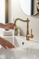 Mat Gold Lavabo Bataryası Oynar Başlıklı Yüksek Model Banyo Lavabo Bataryası Retro Tasarım Mat Altın