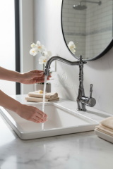 Antrasit Lavabo Bataryası Yüksek Model Oynar Başlıklı Retro Tasarım Antrasit Gri Banyo Lavabo Musluk