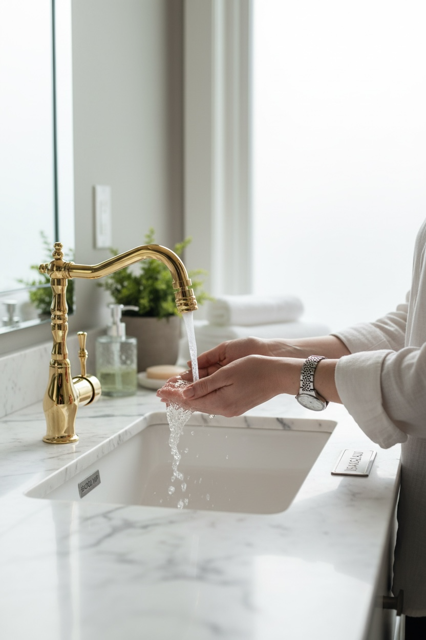 Gold Lavabo Bataryası Oynar Başlıklı Yüksek Model Retro Tasarım Banyo Armatürü