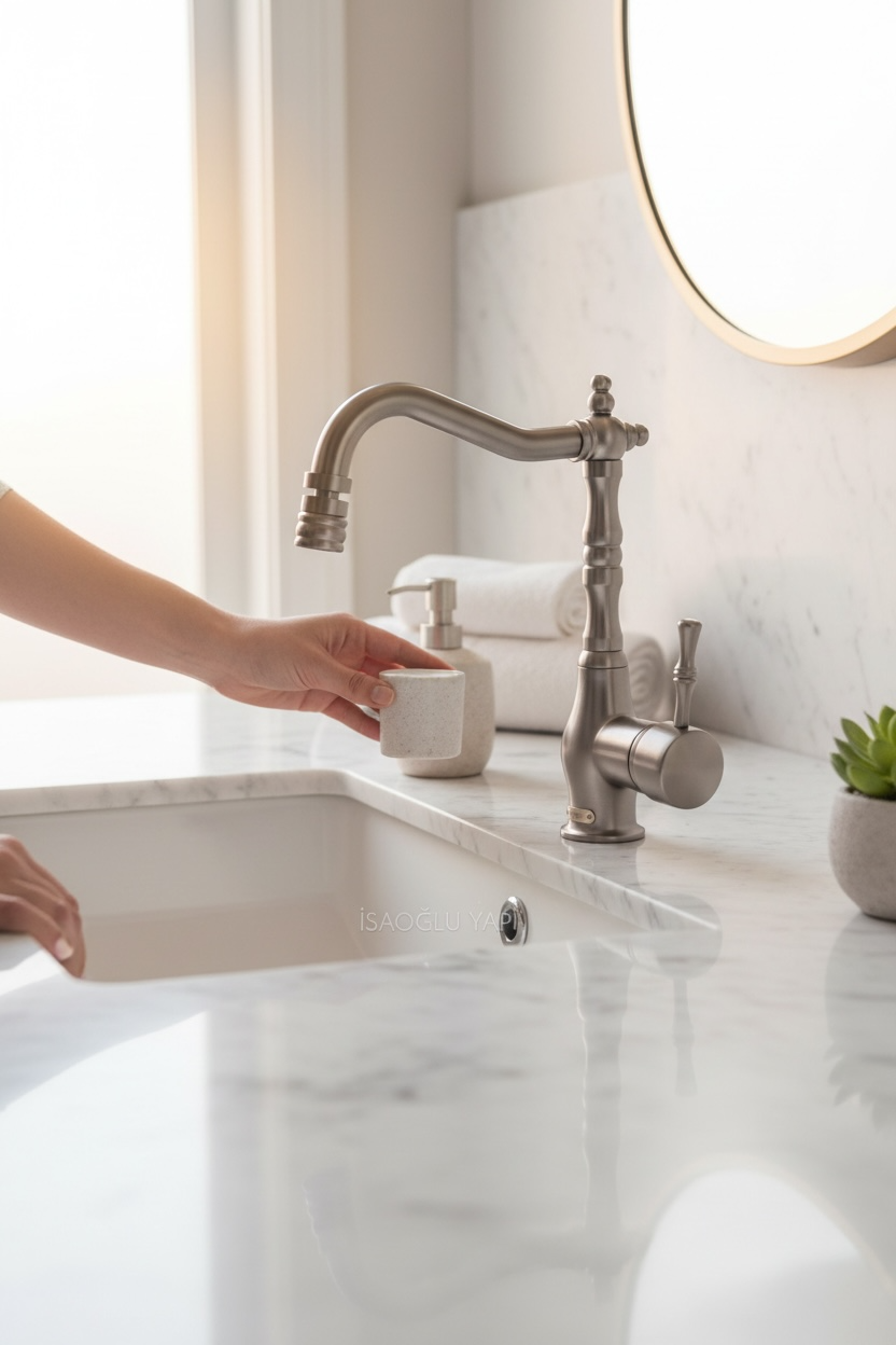 Mat Krom Lavabo Bataryası Oynar Başlıklı Retro İnox Lavabo Armatür Leke ve El İzi Bırakmayan Renk