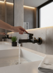 Siyah Banyo Bataryası Kare Tasarım Mat Siyah Banyo Armatürü Pirinç Materyal Paslanmaz