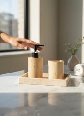 Banyo Sabunluk Siyah Traverten Üçlü Set Diş Fırçalık Takımı Birinci Kalite Pürüzsüz Mermer