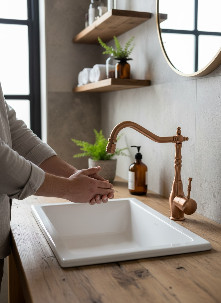 Mat Bakır Lavabo Bataryası Retro Tasarım Oynar Başlıklı Hareketli Rustik Banyo Lavabo Bataryası Mat