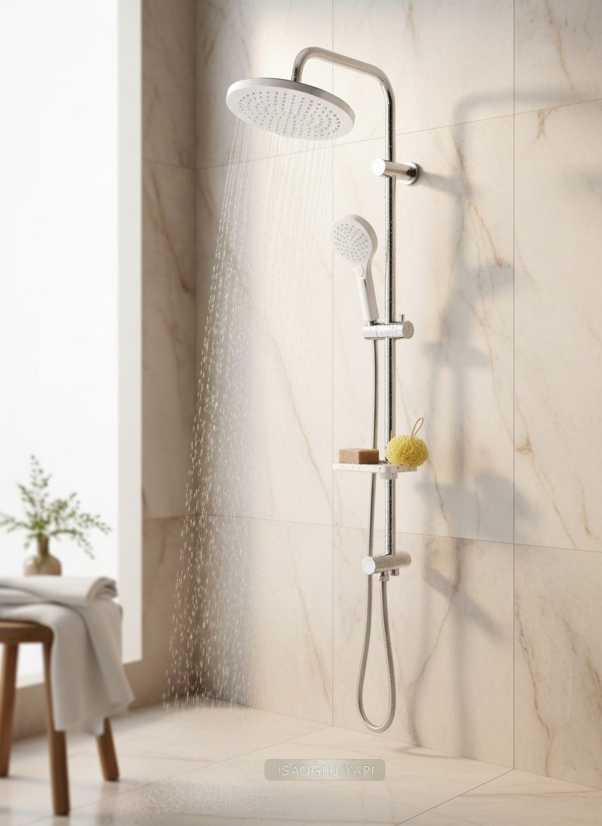 Beyaz Duş Seti Yuvarlak Tasarım Tepe Yağmurlamalı Yoğun Akış Duş Sistemi Beyaz