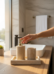 Banyo Gold Sabunluk Traverten Doğal Taş Sabunluk ve Diş Fırçalık Seti Birinci Kalite Mermer Gold