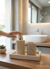 Banyo Gold Sabunluk Traverten Doğal Taş Sabunluk ve Diş Fırçalık Seti Birinci Kalite Mermer Gold