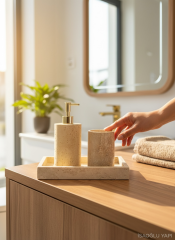 Banyo Gold Sabunluk Traverten Doğal Taş Sabunluk ve Diş Fırçalık Seti Birinci Kalite Mermer Gold