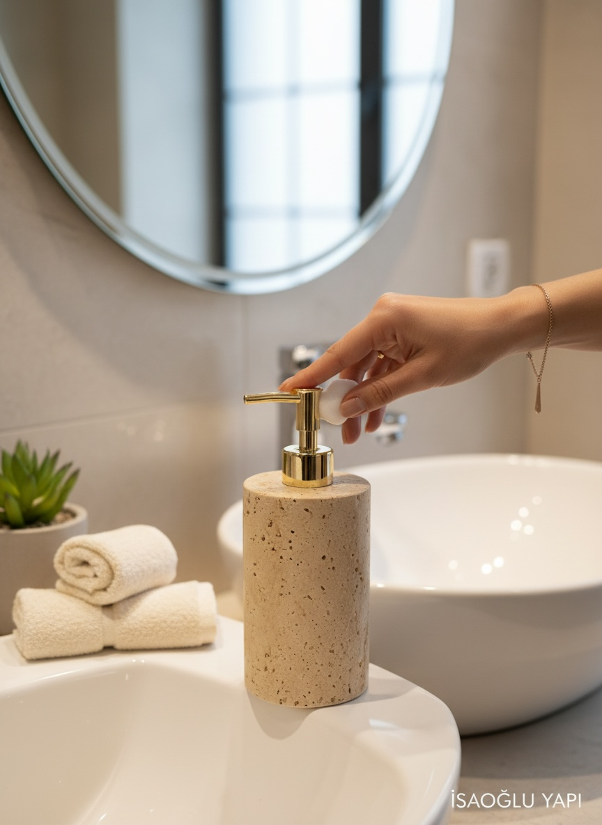 Gold Traverten Sabunluk El Yapımı Doğal Taş Birinci Kalite Sıvı Sabunluk Gold Renk