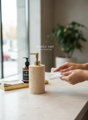 Gold Traverten Sabunluk El Yapımı Doğal Taş Birinci Kalite Sıvı Sabunluk Gold Renk