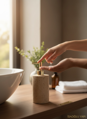 Gold Traverten Sabunluk El Yapımı Doğal Taş Birinci Kalite Sıvı Sabunluk Gold Renk