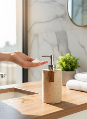 Traverten Sabunluk El Yapımı Doğal Taş Sıvı Sabunluk Krom Renk Birinci Kalite Mermer