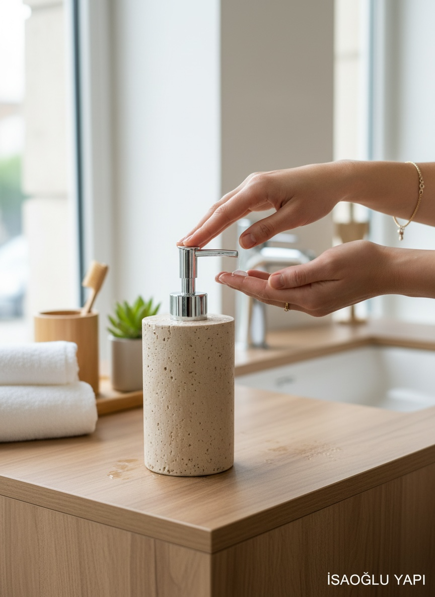 Traverten Sabunluk El Yapımı Doğal Taş Sıvı Sabunluk Krom Renk Birinci Kalite Mermer