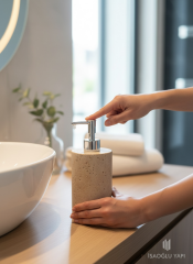 Traverten Sabunluk El Yapımı Doğal Taş Sıvı Sabunluk Krom Renk Birinci Kalite Mermer