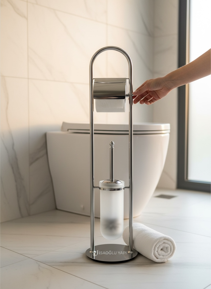 Klozet Fırçalık ve Tuvalet Kağıtlık Retro Tasarım Ayaklı Banyo Seti Kolay Temizlik Krom Renk Pirinç