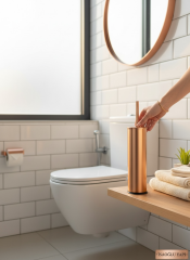 Mat Bakır Çöp Kovası ve Klozet Fırçası Seti Mat Bronz Pedallı Kova Antibakteriyel Fırça Paslanmaz