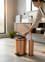 Mat Bakır Çöp Kovası ve Klozet Fırçası Seti Mat Bronz Pedallı Kova Antibakteriyel Fırça Paslanmaz